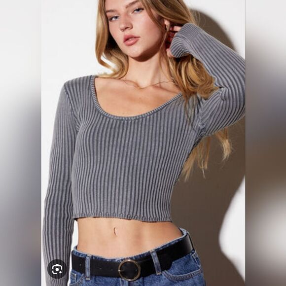 Pacsun L.A. Heart Ribbed Cropped Top Sweater Sz Small Gray Stretchy School Chic - Picture 1 of 7